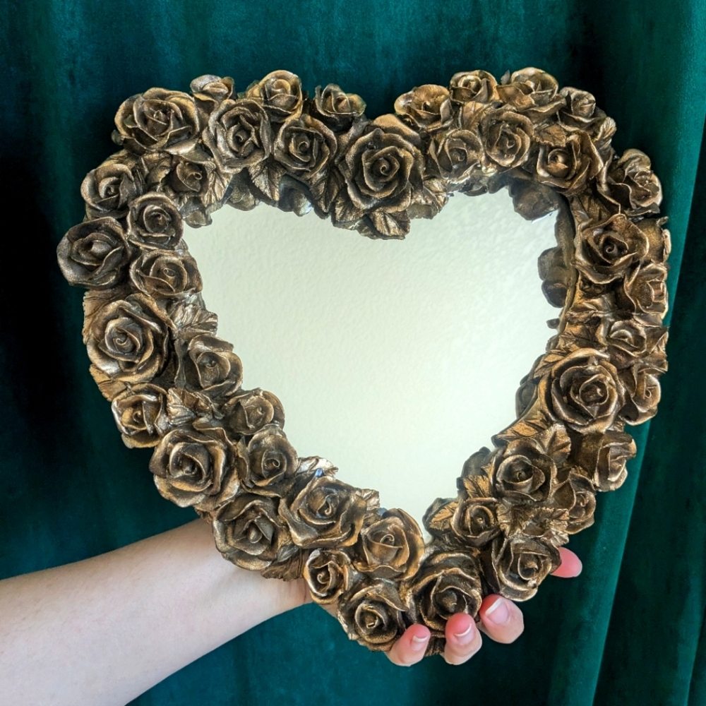 Vintage Decoline Rose Flowers Heart Shaped Mirror Gold Color Excellent Condition